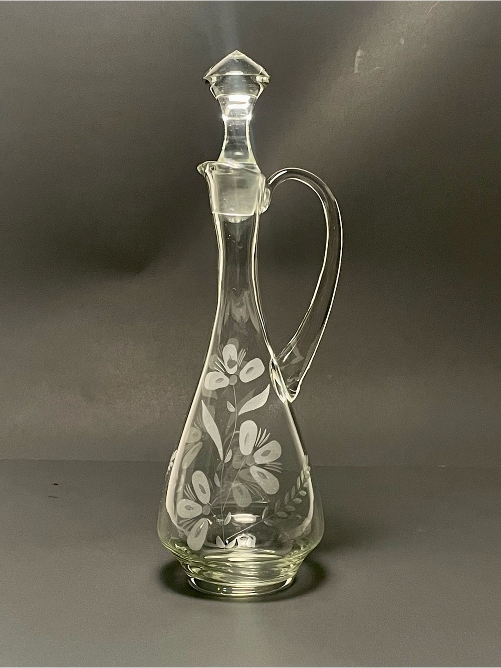 Vintage Romanian Etched Glass Decanter Wine Carafe Floral Design 14” & Stopper
